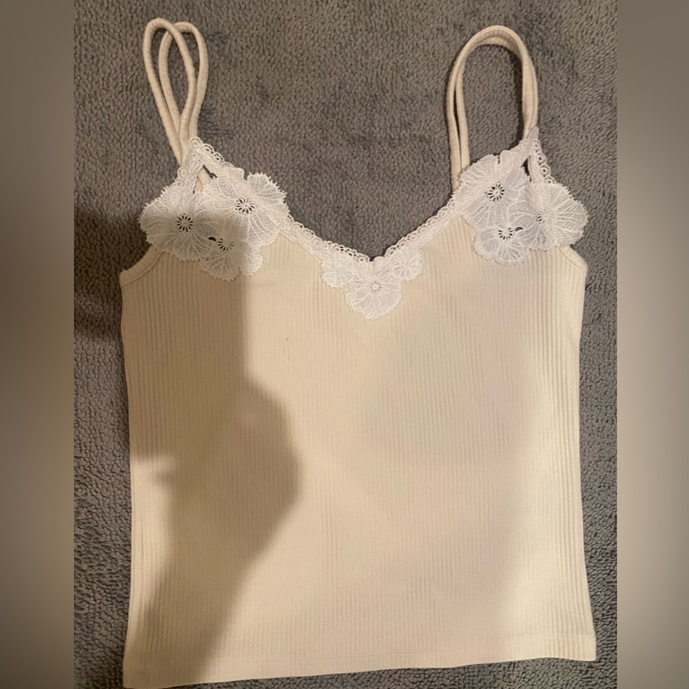 Madewell Floral-Lace V-Neck double spaghetti strap Tank Ivory / cream LARGE